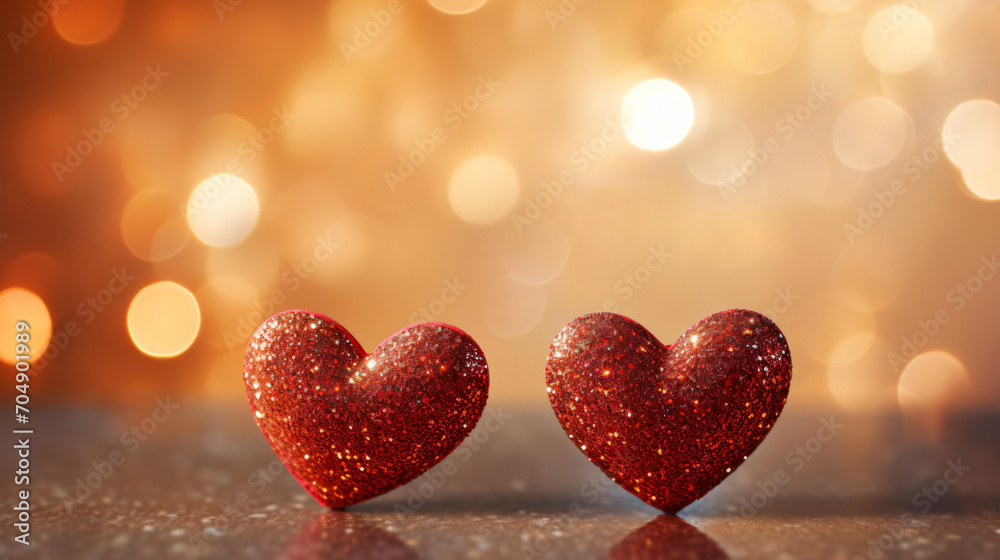 Two glitter heart shape with bokeh background