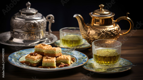 Turkish sweet pistachio baklava and Turkish tea