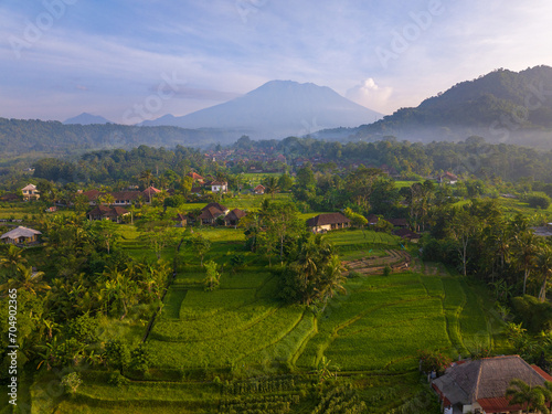 Aerial view of the countryside of Sidemen region with the background of Mount Agung, Bali, Indonesia