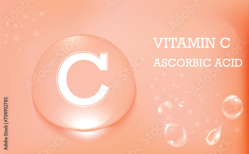 Golden glow of vitamin C. Ascorbic acid. Drops of water on an orange background. Skin care.
