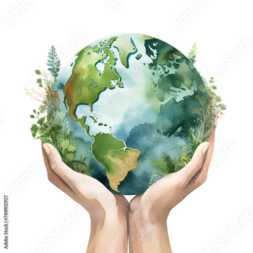 Human hands holding a earth planet Watercolor illustration
