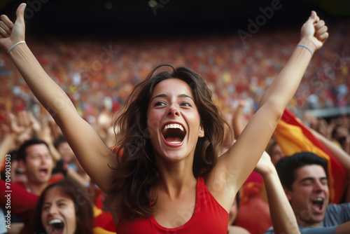 A girl with her arms raised celebrating victory in a stadium