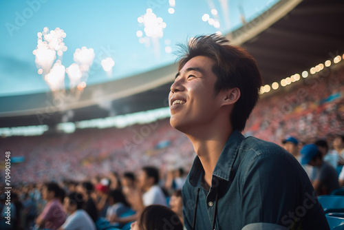 A Japanese fan happily enjoys celebrating at a sporting event
