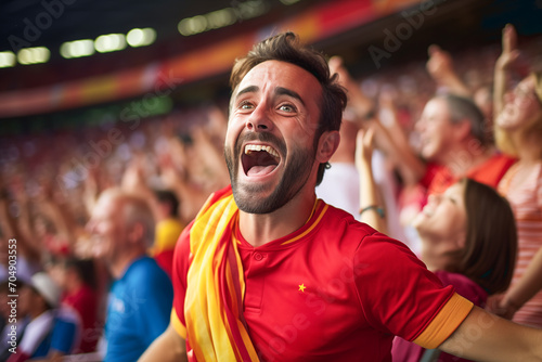 A happy male fan shouts celebrating victory in a stadium full of people