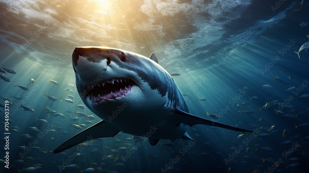 A large shark with an open mouth swims underwater with small fish in a blue sea with falling sunlight.