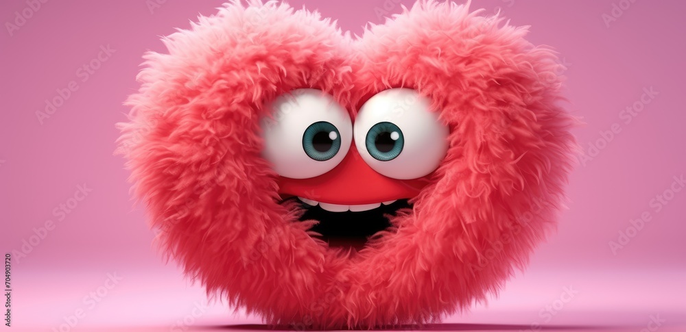 Fototapeta premium cute fuzzy furry heart on a monochrome background with emotion. Cartoon Heart with big realistic eyes. Pink shades