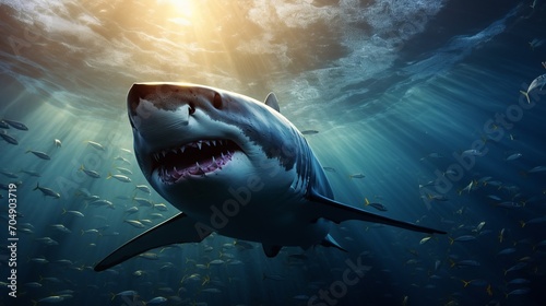 A large shark with an open mouth swims underwater with small fish in a blue sea with falling sunlight. © liliyabatyrova