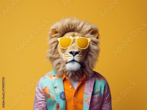 portrait photo of anthropomorphic fashion Lion dressed for summer vacation