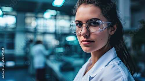 Portrait of a woman as scientist wearing glasses and white coat, working in a lab 