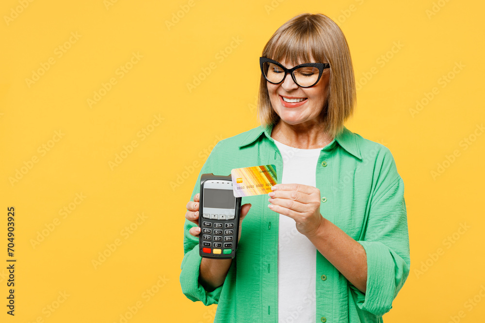 Elderly Blonde Woman 50s Year Old Wear Green Shirt Glasses Casual Clothes Hold Wireless Modern 