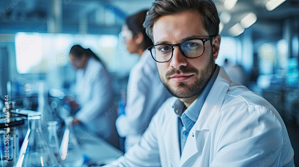 Portrait of a man as scientist wearing glasses and white coat, working  in a lab 
