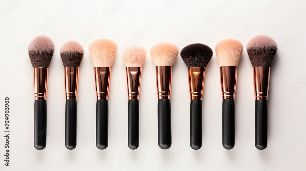 Make up brushes on a light background, top view, beauty concept Make up brushes on a light background, top view, beauty concept