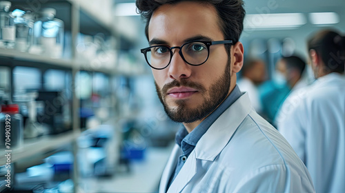 Portrait of a man as scientist wearing glasses and white coat, working in a lab 