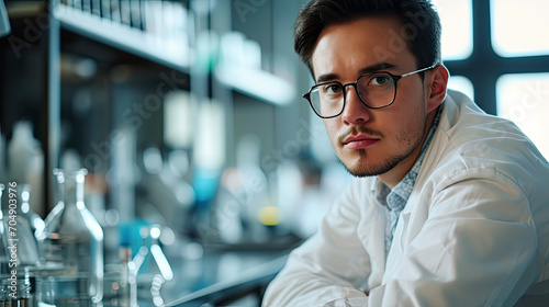 Portrait of a man as scientist wearing glasses and white coat, working in a lab 