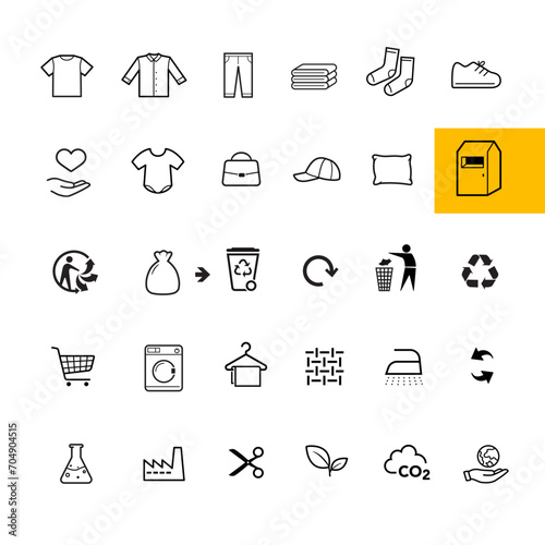 Set icons for recycling, utilisation textile clothing. The outline icons are well scalable and editable. Contrasting vector elements are good for different backgrounds. EPS10.