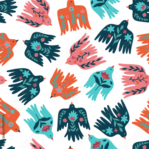 Seamless pattern of spring floral flying birds on a white background. Vector graphics.