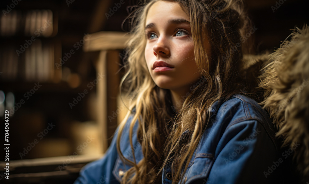 Pensive young girl in denim in rustic barn with soft natural light