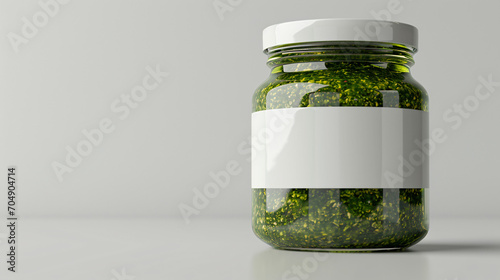 Jar of pesto sauce on white background. 3D rendering.