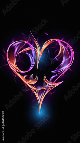 Abstract heart with glowing lights on a black background.