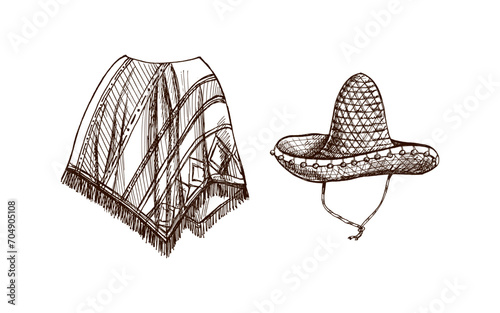 Hand-drawn sketch of realistic mexican poncho and sambrero. Vintage drawing of Latin American national clothes. Vector black ink outline illustration. Mexican culture. Latin America.