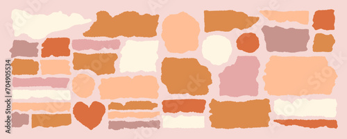 Set of torn paper frames. Peach Fuzz color palette collage shape of ripped paper silhouettes. Old vintage paper backgrounds. Abstract ripped paper pieces for note and scrapbooking. Vector illustration