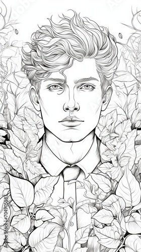 attractive boy. Coloring page for adult, white background. Generative AI 