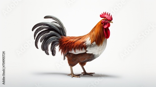 an isolated rooster, its confident stance and vibrant plumage making a bold statement against a pristine white surface. photo