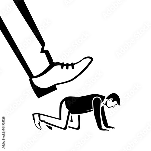 Oppression concept. The big fist of the boss presses on the small employee. Conflict at work. Business pressure. Vector illustration flat design. Isolated in the background.