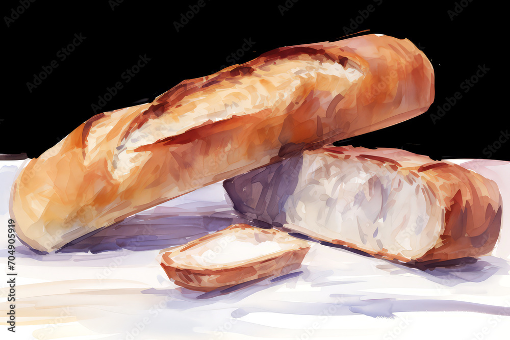 Bread with butter on a white background. Digital watercolor painting. Bread with butter on a white background. Digital watercolor painting.