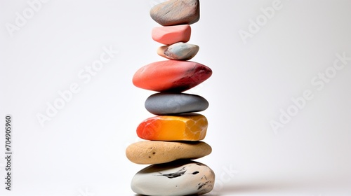 an isolated stack of vibrant rocks on a pristine white surface, highlighting the balance of shapes and colors in this visually appealing arrangement.