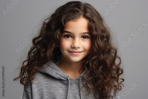 Portrait of a cute little girl with long curly hair over gray background