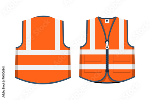 Safety jacket flat icon. Bright orange emergency vest, front and back views. Special uniform. Reflective safety vest. Vector illustration flat design. Isolated on white background.