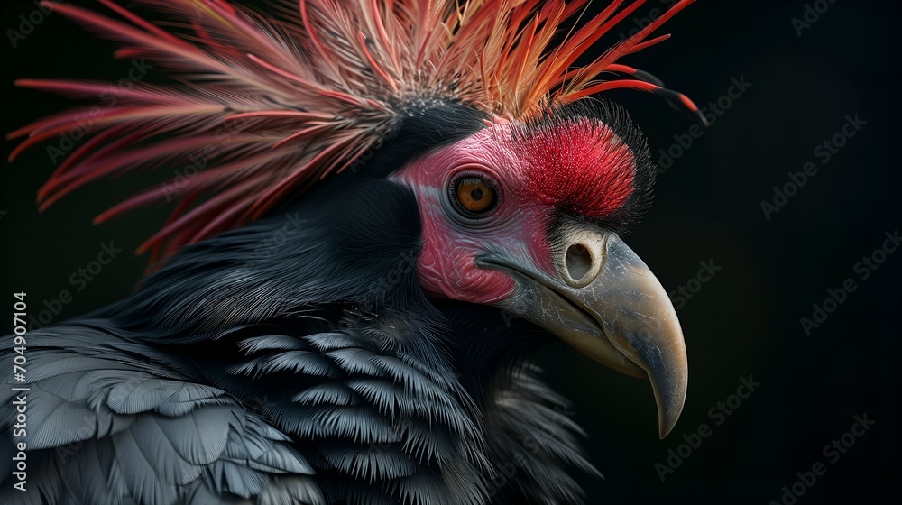 Close-up portrait of a bird with colorful feathers on a black background