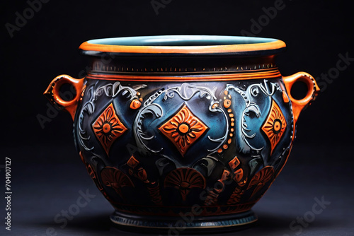 Decorated ceramic pot. Vibrant colors against dark backdrop. Unique artistic decor for interiors and creative design concepts.