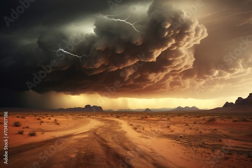Dramatic view of heavy thunder storm coming over the desert Generative AI