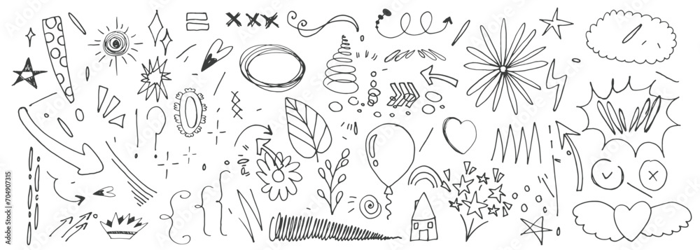 Hand drawn scribble element set. cloud speech bubble grunge element set. Arrow, star, heart brush decoration. Vector illustration