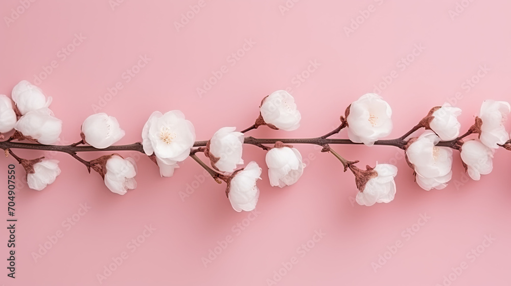 Cotton flowers on its branches on a light background, top view Cotton flowers on its branches on a light background, top view