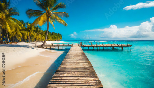 Paradise beach with a wooden pier and tropical palm trees © LynnC