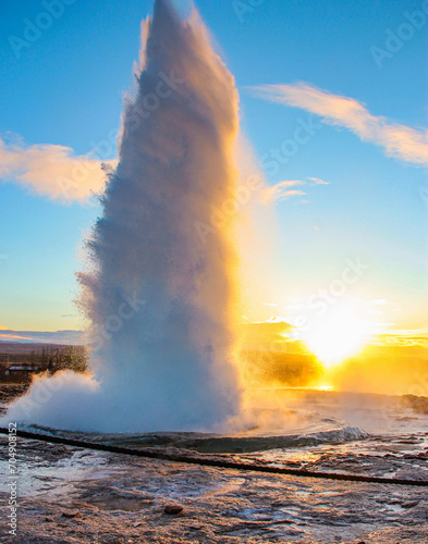 The sunset view of the Geyser in Iceland