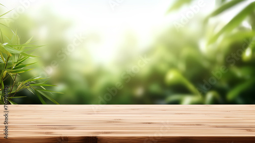Clear wooden table blurred forest background daylight