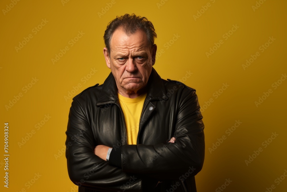 Mature man wearing a leather jacket on a yellow studio background.
