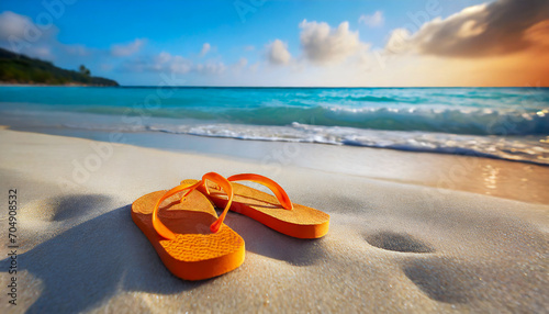 Orange flip flops in the sand on a tropical beach