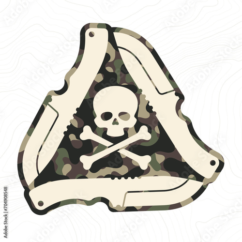 Vector sign of a knife forming a triangle inside a skull with crossed lines camouflage military texture background soldier. White background with contour line.
