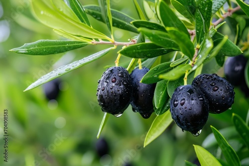 Ripe black olives on the tree with green leaves and water drops photo