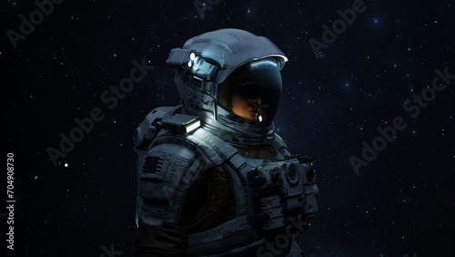 Fototapeta Naklejka Na Ścianę i Meble -  Portrait Woman cosmonaut in a helmet, astronaut space exploration, starry sky. 3d render