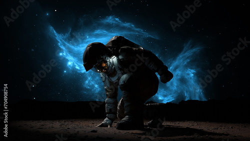 Astronaut touches ground with his hand on planet. Red planet Mars exploration. Stars, galaxies and nebulae above cosmonaut. 3d render