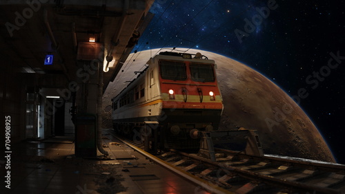 Fototapeta Naklejka Na Ścianę i Meble -  Railway station in space, train stop near planet, railway station platform in cosmos, travel to other planets and worlds, space tourism. 3d render