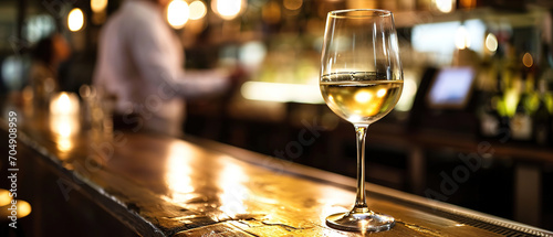 close up of a Glass of white wine with blurred Bartender and bar in the back with empty copy space © Uwe