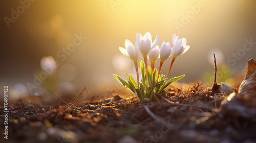 Beginning of the spring, new flowers growing, white crocuses  photo