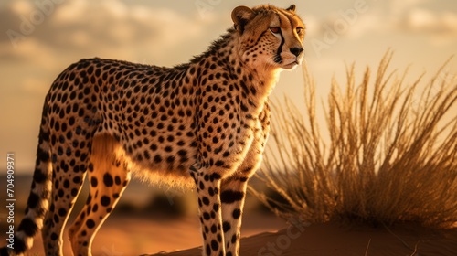 Portrait of a beautiful cheetah in the wild desert against the background of nature on a sunny day.